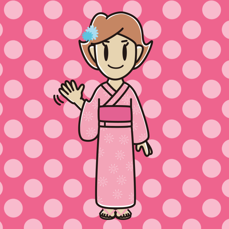 手を振る浴衣姿の女性のイラスト【色、背景あり】PNG