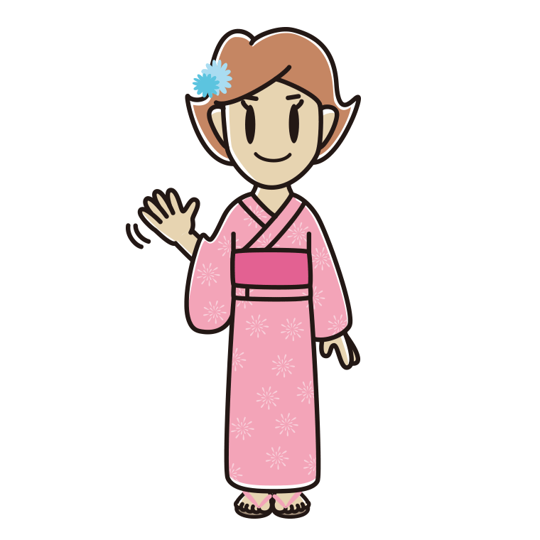 手を振る浴衣姿の女性のイラスト【色あり、背景なし】透過PNG