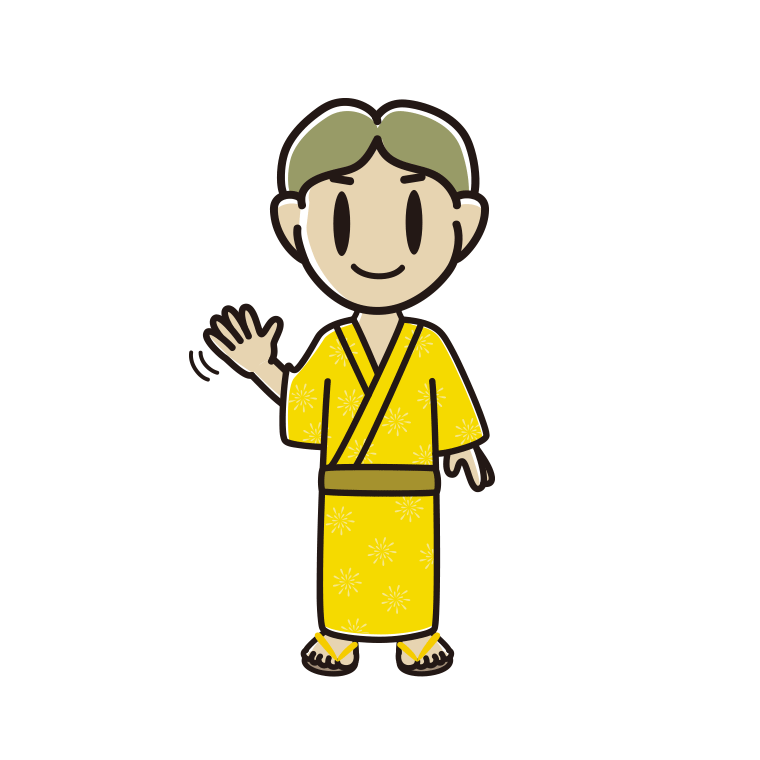 手を振る浴衣姿の小学生男子のイラスト【色あり、背景なし】透過PNG