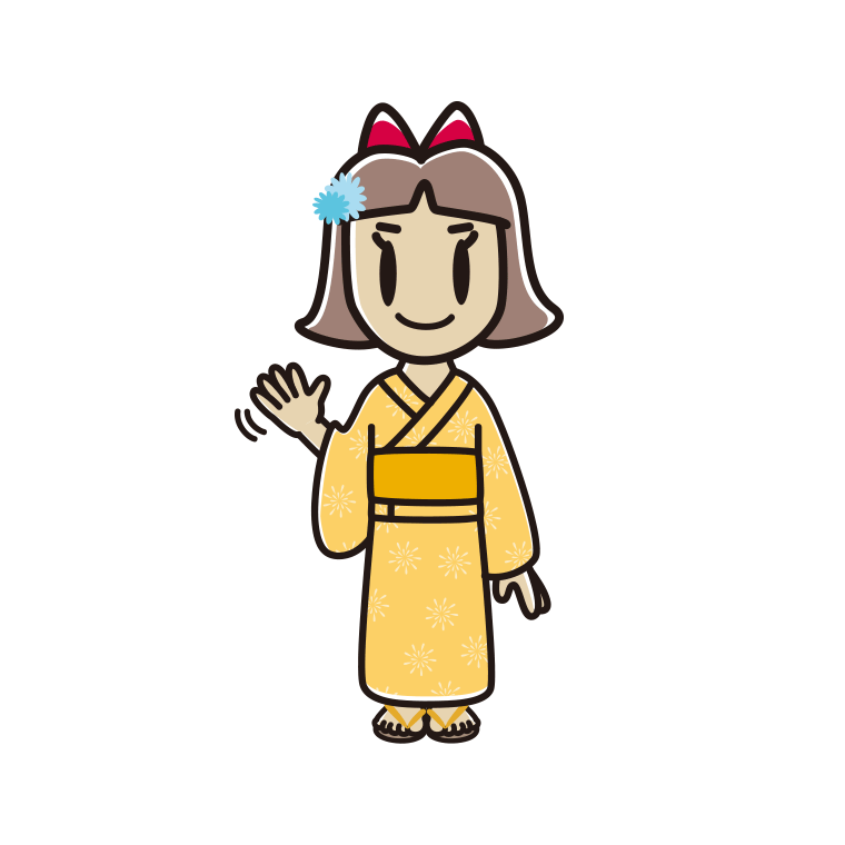 手を振る浴衣姿の小学生女子のイラスト【色あり、背景なし】透過PNG