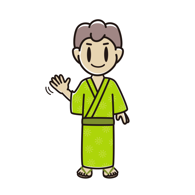 手を振る浴衣姿の男子中学生のイラスト【色あり、背景なし】透過PNG