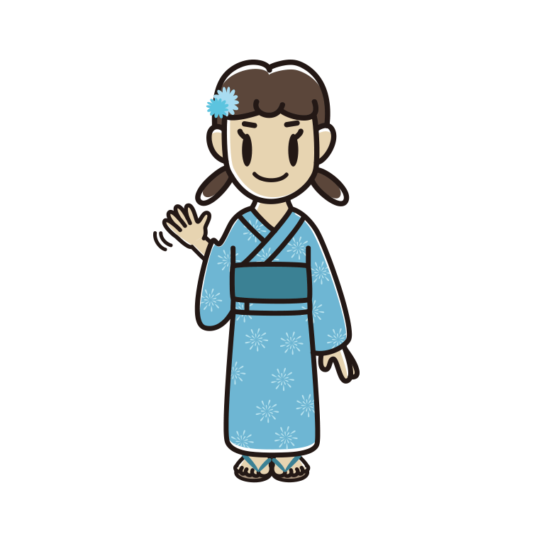 手を振る浴衣姿の女子中学生のイラスト【色あり、背景なし】透過PNG