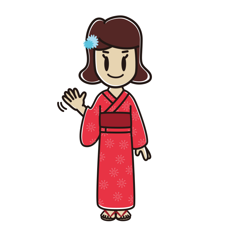 手を振る浴衣姿の女子高校生のイラスト【色あり、背景なし】透過PNG