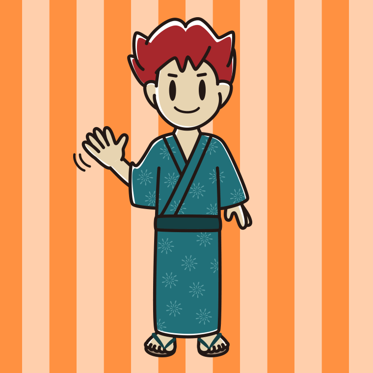 手を振る浴衣姿の男子大学生のイラスト【色、背景あり】PNG