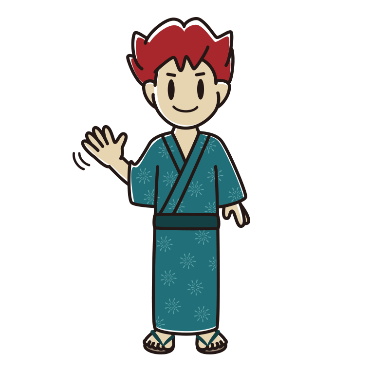 手を振る浴衣姿の男子大学生のイラスト【色あり、背景なし】透過PNG