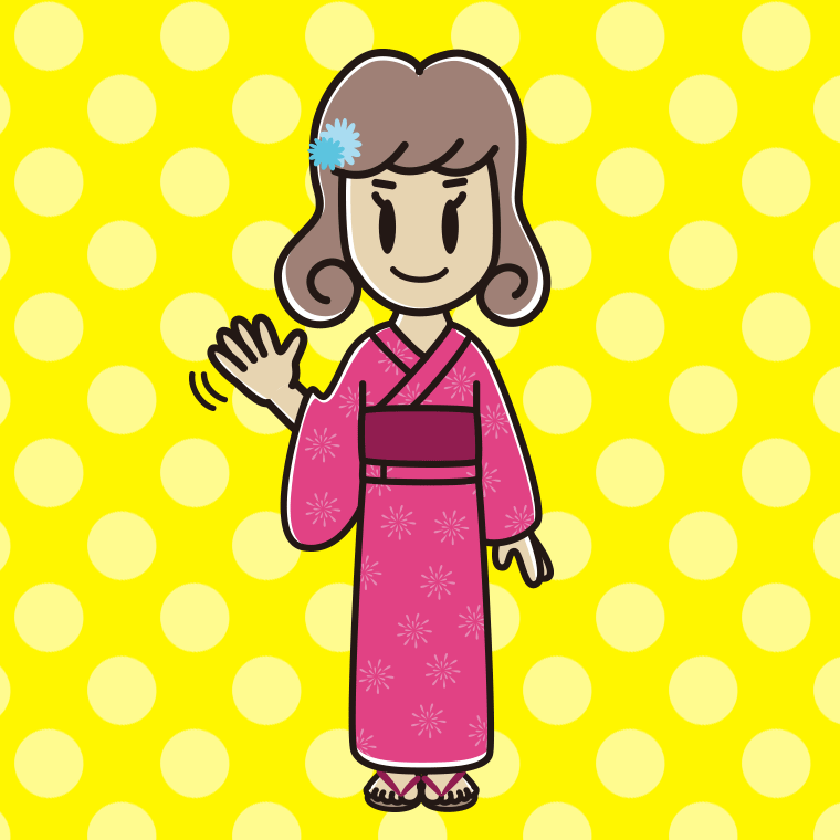 手を振る浴衣姿の女子大学生のイラスト【色、背景あり】PNG