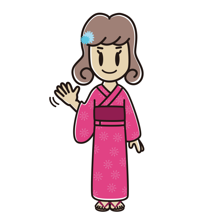 手を振る浴衣姿の女子大学生のイラスト【色あり、背景なし】透過PNG