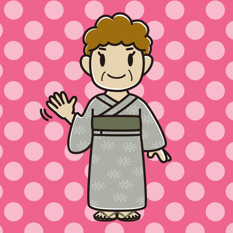 手を振る浴衣姿のおばさんのイラスト【色、背景あり】PNG