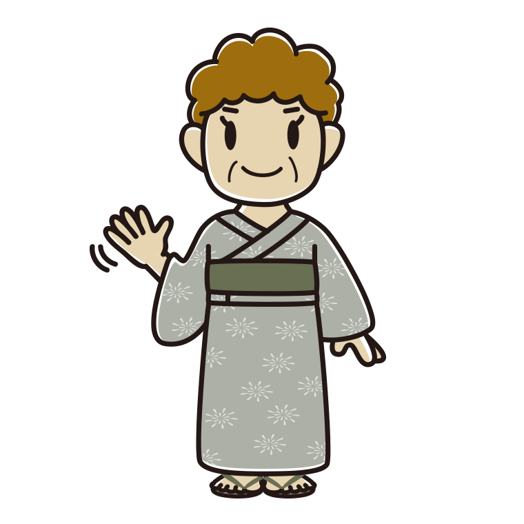 手を振る浴衣姿のおばさんのイラスト【色あり、背景なし】透過PNG