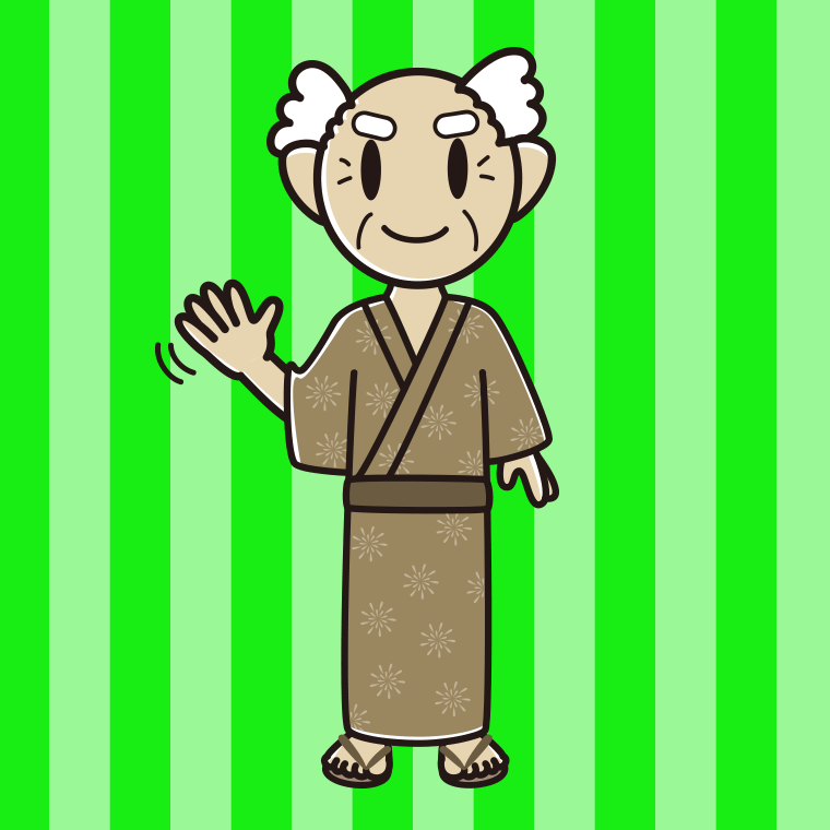 手を振る浴衣姿のおじいさんのイラスト【色、背景あり】PNG