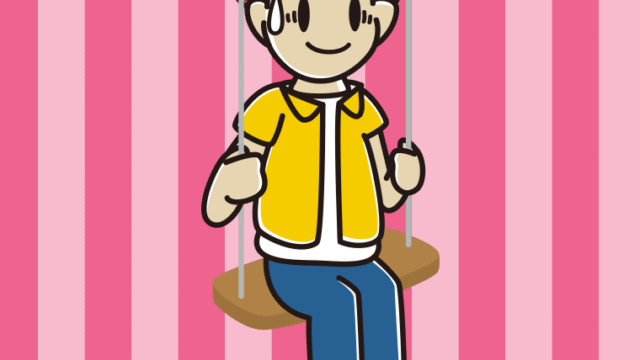 ブランコで苦笑いする男子大学生のイラスト【色、背景あり】PNG