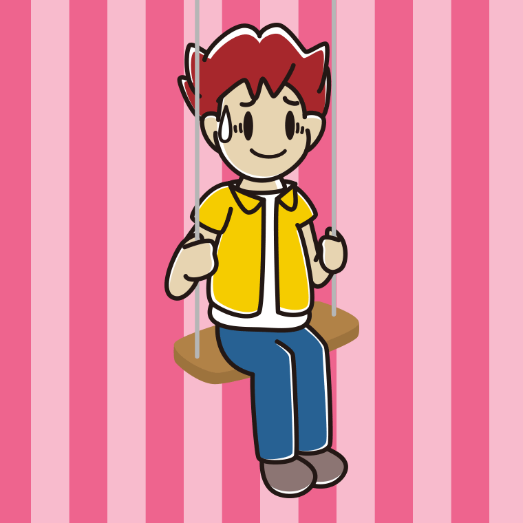 ブランコで苦笑いする男子大学生のイラスト【色、背景あり】PNG