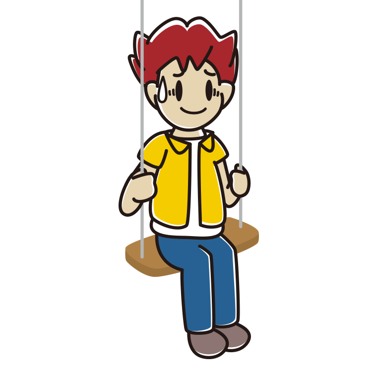 ブランコで苦笑いする男子大学生のイラスト【色あり、背景なし】透過PNG