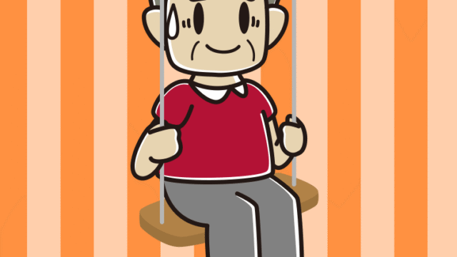 ブランコで苦笑いするおじさんのイラスト【色、背景あり】PNG