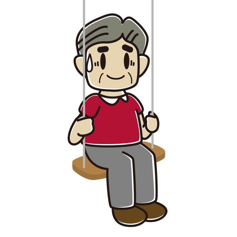 ブランコで苦笑いするおじさんのイラスト【色あり、背景なし】透過PNG