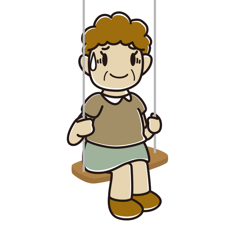 ブランコで苦笑いするおばさんのイラスト【色あり、背景なし】透過PNG