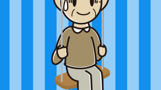 ブランコで苦笑いするおじいさんのイラスト【色、背景あり】PNG