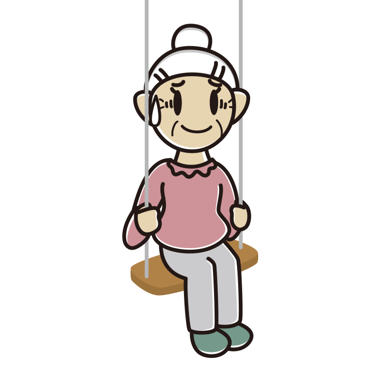 ブランコで苦笑いするおばあさんのイラスト【色あり、背景なし】透過PNG