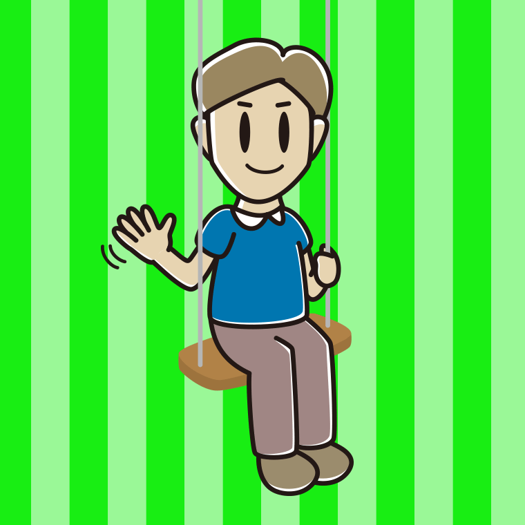 ブランコで手を振る男性のイラスト【色、背景あり】PNG