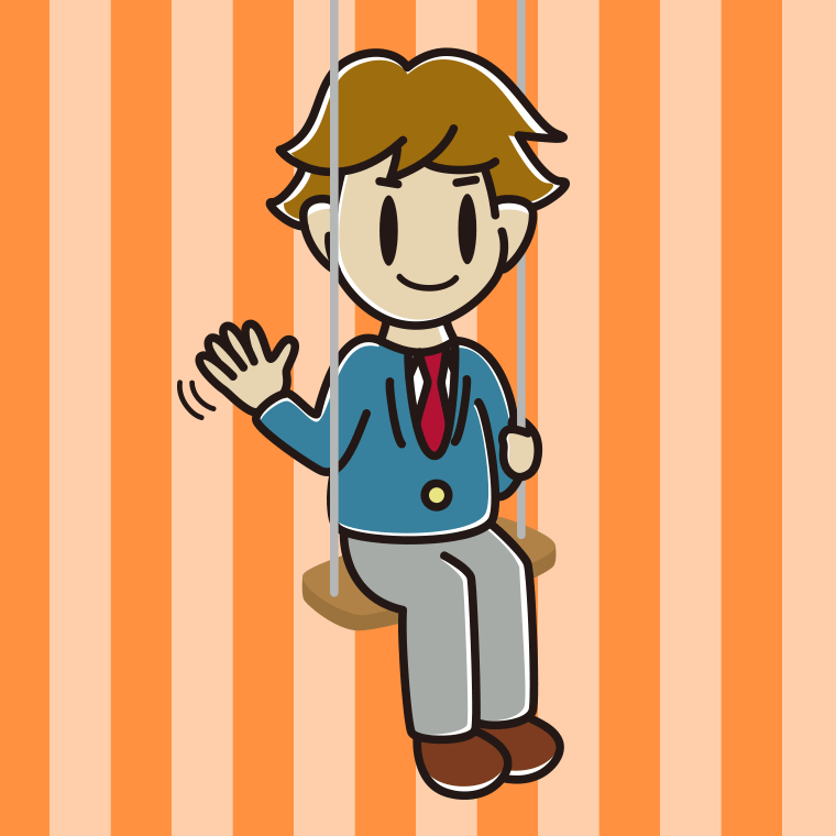 ブランコで手を振る男子高校生のイラスト【色、背景あり】PNG