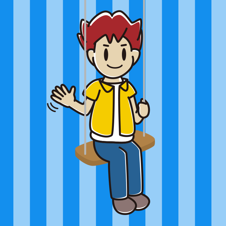ブランコで手を振る男子大学生のイラスト【色、背景あり】PNG