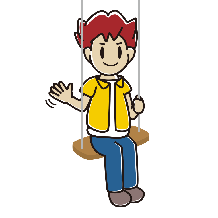 ブランコで手を振る男子大学生のイラスト【色あり、背景なし】透過PNG