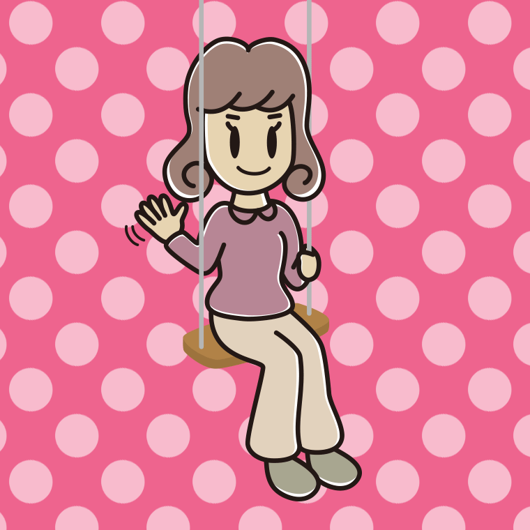 ブランコで手を振る女子大学生のイラスト【色、背景あり】PNG