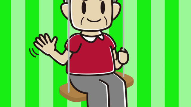 ブランコで手を振るおじさんのイラスト【色、背景あり】PNG