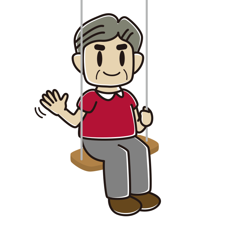 ブランコで手を振るおじさんのイラスト【色あり、背景なし】透過PNG