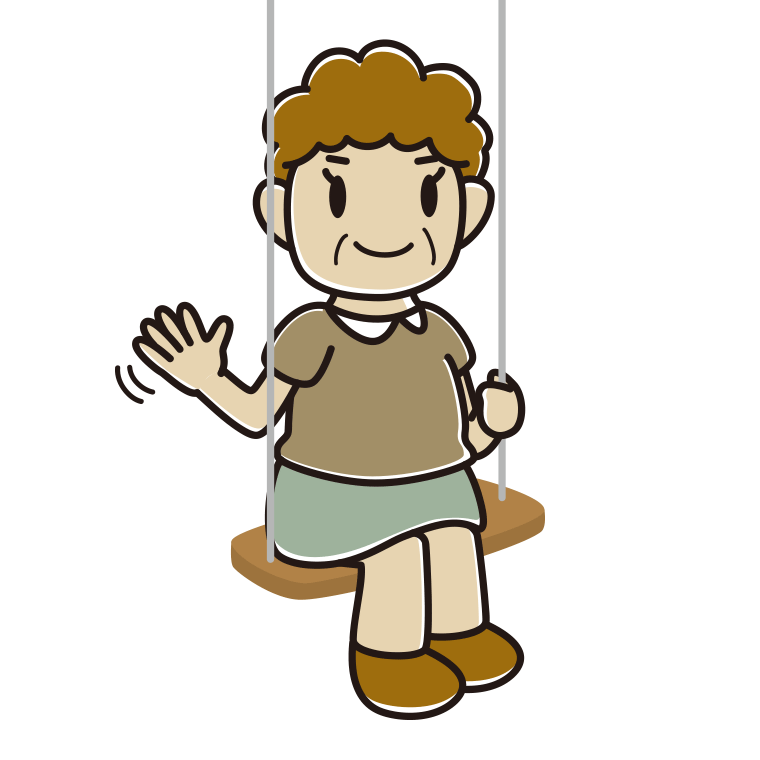 ブランコで手を振るおばさんのイラスト【色あり、背景なし】透過PNG