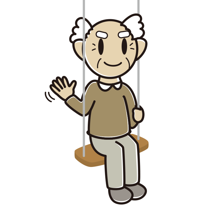 ブランコで手を振るおじいさんのイラスト【色あり、背景なし】透過PNG