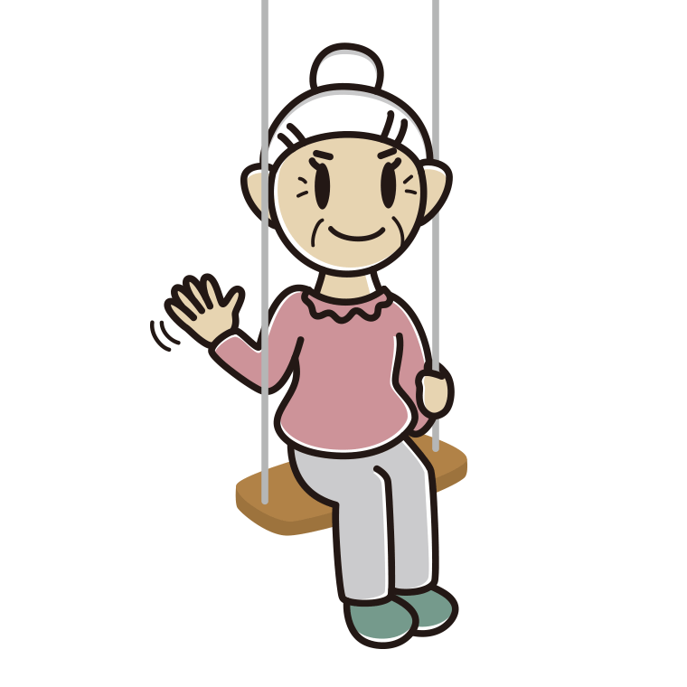 ブランコで手を振るおばあさんのイラスト【色あり、背景なし】透過PNG