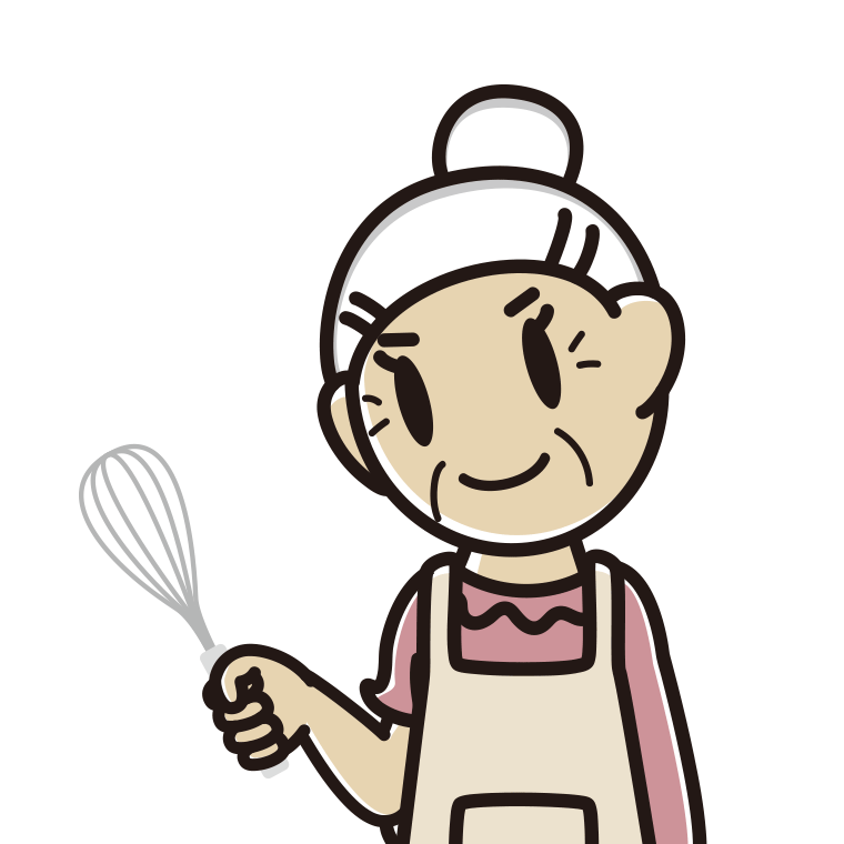 泡立て器を使うおばあさんのイラスト【色あり、背景なし】透過PNG