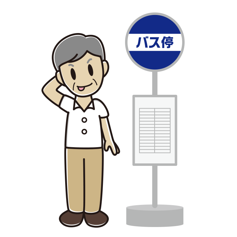 バス停でテヘヘな年配男性会社員（クールビズ）のイラスト【色あり、背景なし】透過PNG