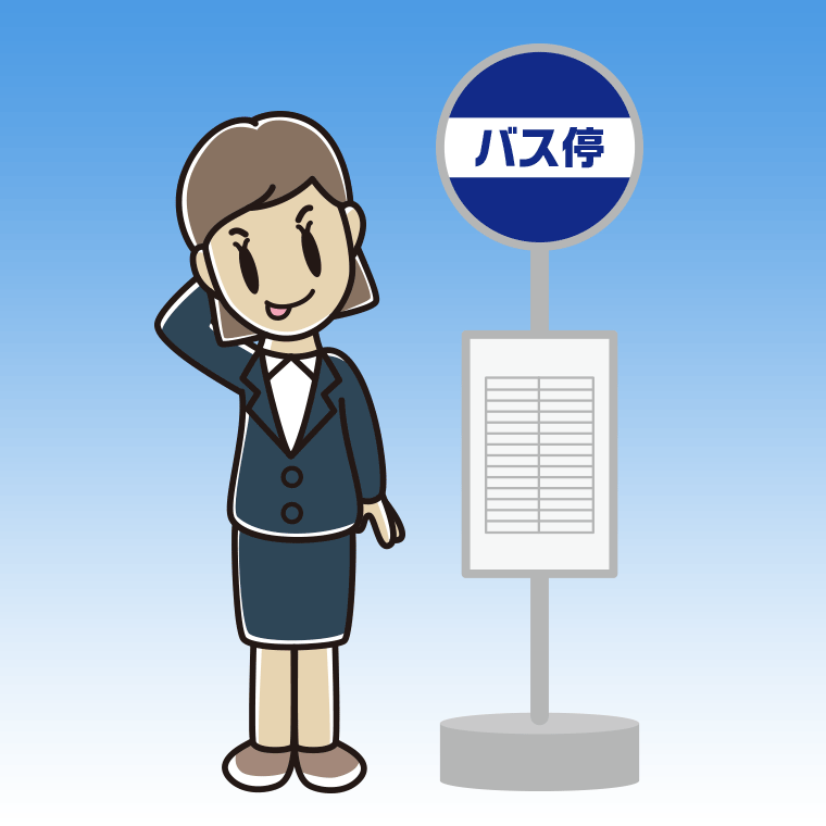 バス停でテヘヘな女性会社員のイラスト【色、背景あり】PNG