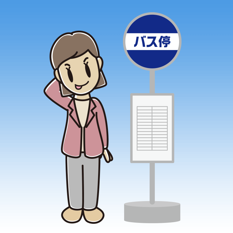 バス停でテヘヘな女性会社員（カジュアル）のイラスト【色、背景あり】PNG