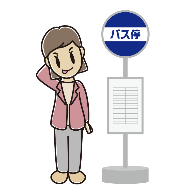バス停でテヘヘな女性会社員（カジュアル）のイラスト【色あり、背景なし】透過PNG