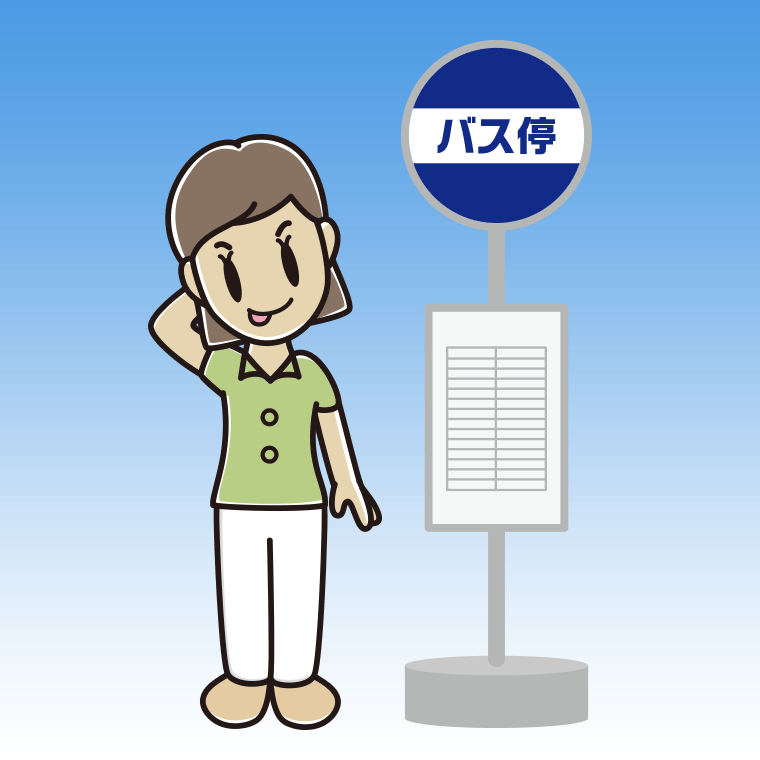 バス停でテヘヘな女性会社員（クールビズ）のイラスト【色、背景あり】PNG