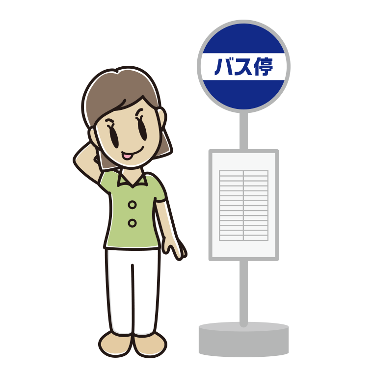 バス停でテヘヘな女性会社員（クールビズ）のイラスト【色あり、背景なし】透過PNG