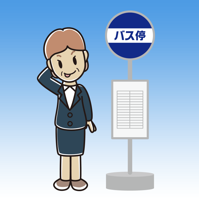 バス停でテヘヘな年配女性会社員のイラスト【色、背景あり】PNG