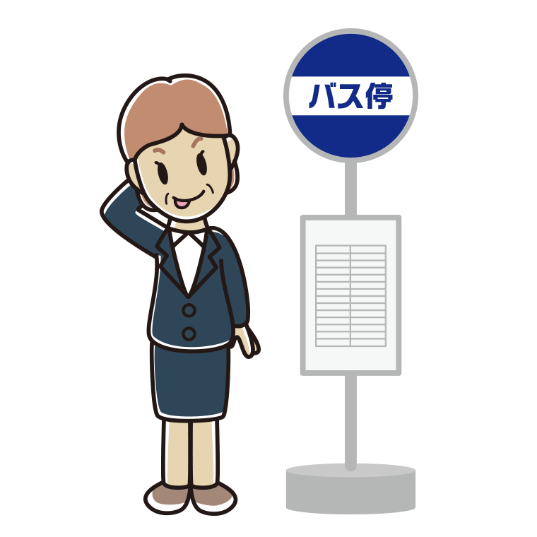 バス停でテヘヘな年配女性会社員のイラスト【色あり、背景なし】透過PNG