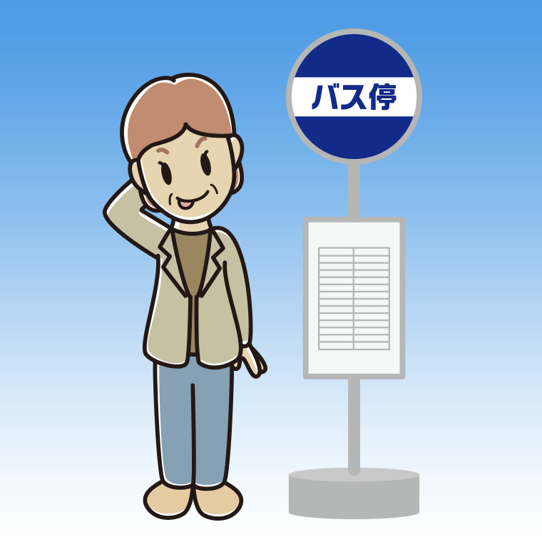 バス停でテヘヘな年配女性会社員（カジュアル）のイラスト【色、背景あり】PNG
