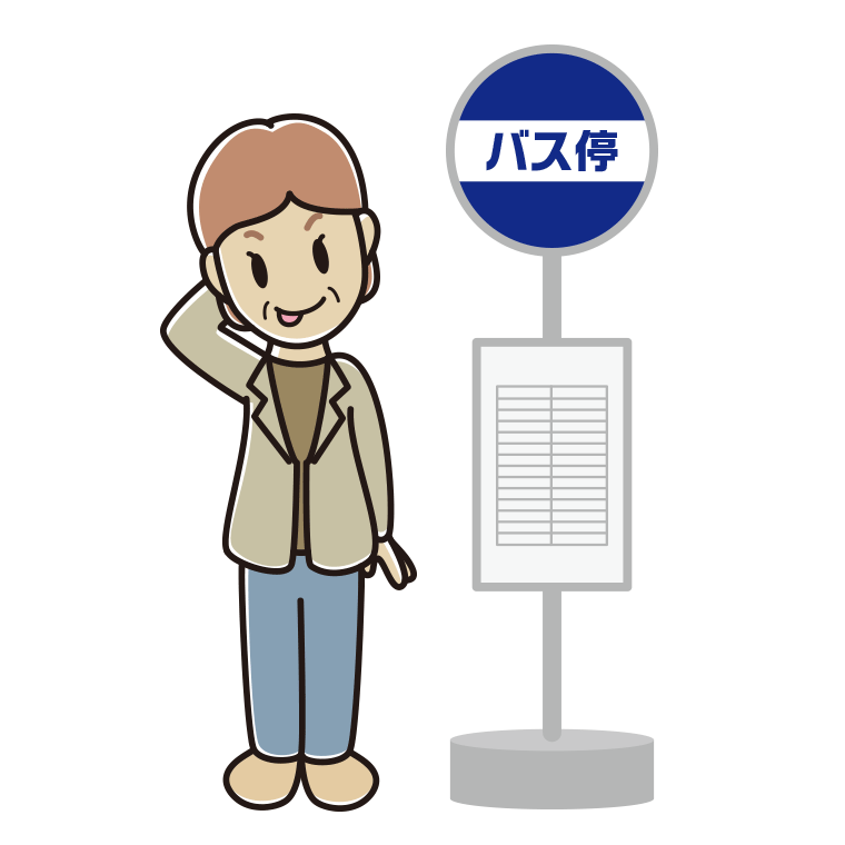 バス停でテヘヘな年配女性会社員（カジュアル）のイラスト【色あり、背景なし】透過PNG