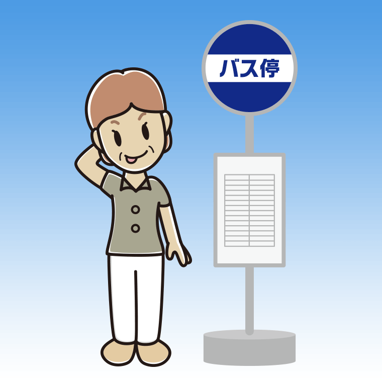 バス停でテヘヘな年配女性会社員（クールビズ）のイラスト【色、背景あり】PNG