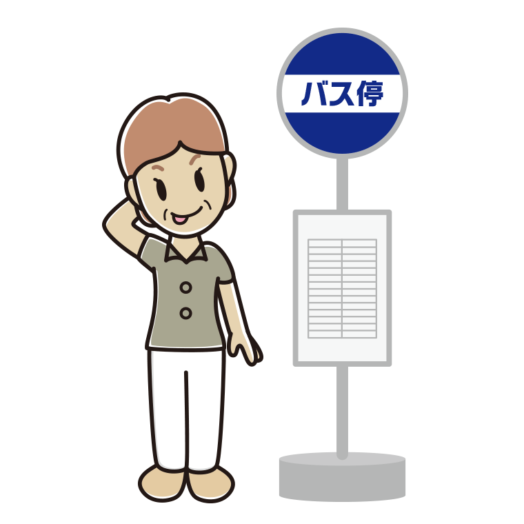 バス停でテヘヘな年配女性会社員（クールビズ）のイラスト【色あり、背景なし】透過PNG