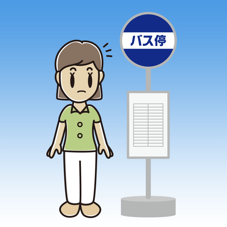 バス停で何かに気付く女性会社員（クールビズ）のイラスト【色、背景あり】PNG