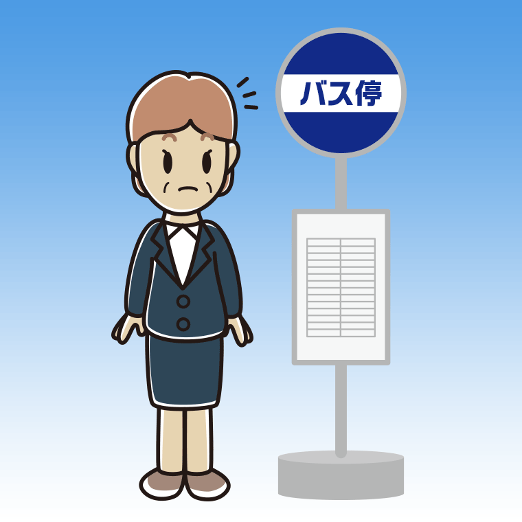 バス停で何かに気付く年配女性会社員のイラスト【色、背景あり】PNG