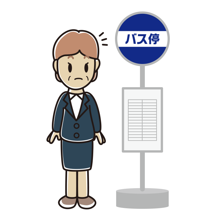 バス停で何かに気付く年配女性会社員のイラスト【色あり、背景なし】透過PNG
