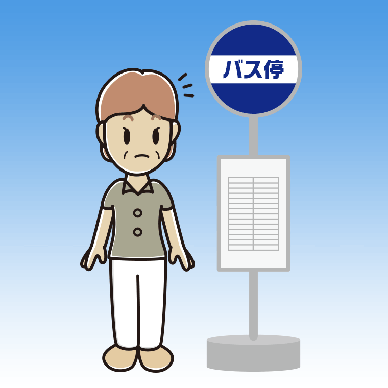 バス停で何かに気付く年配女性会社員（クールビズ）のイラスト【色、背景あり】PNG