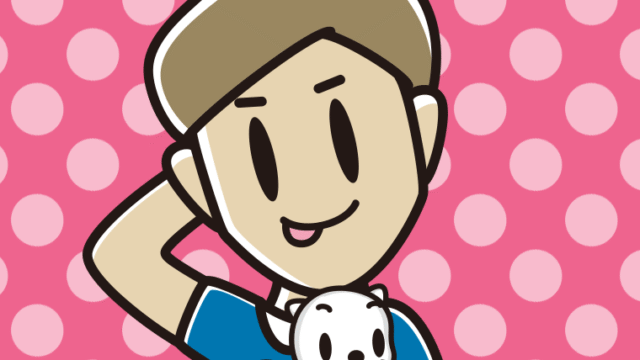 猫を抱いてテヘヘな男性のイラスト【色、背景あり】PNG